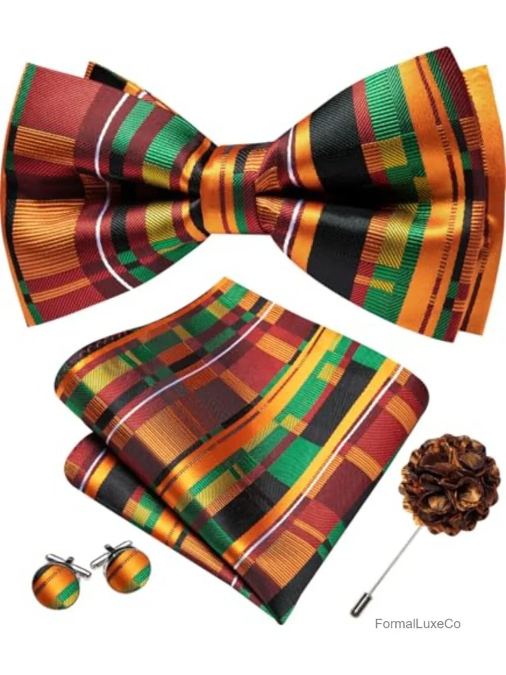 Mens Pre-Tied Paisley Bow Tie Set with Handkerchief & Cufflinks Silk